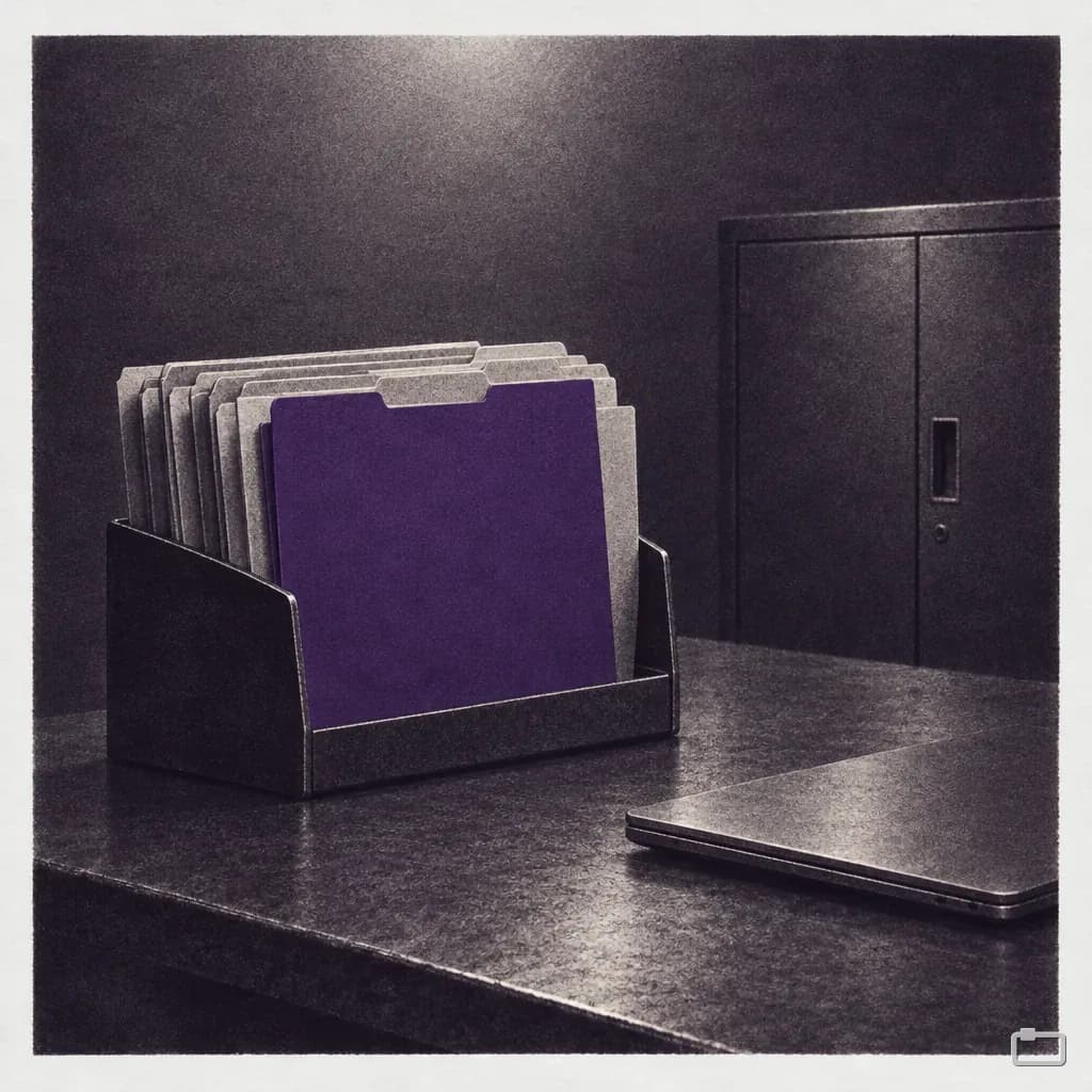 Mezzotint of a folder standing in a desk file holder