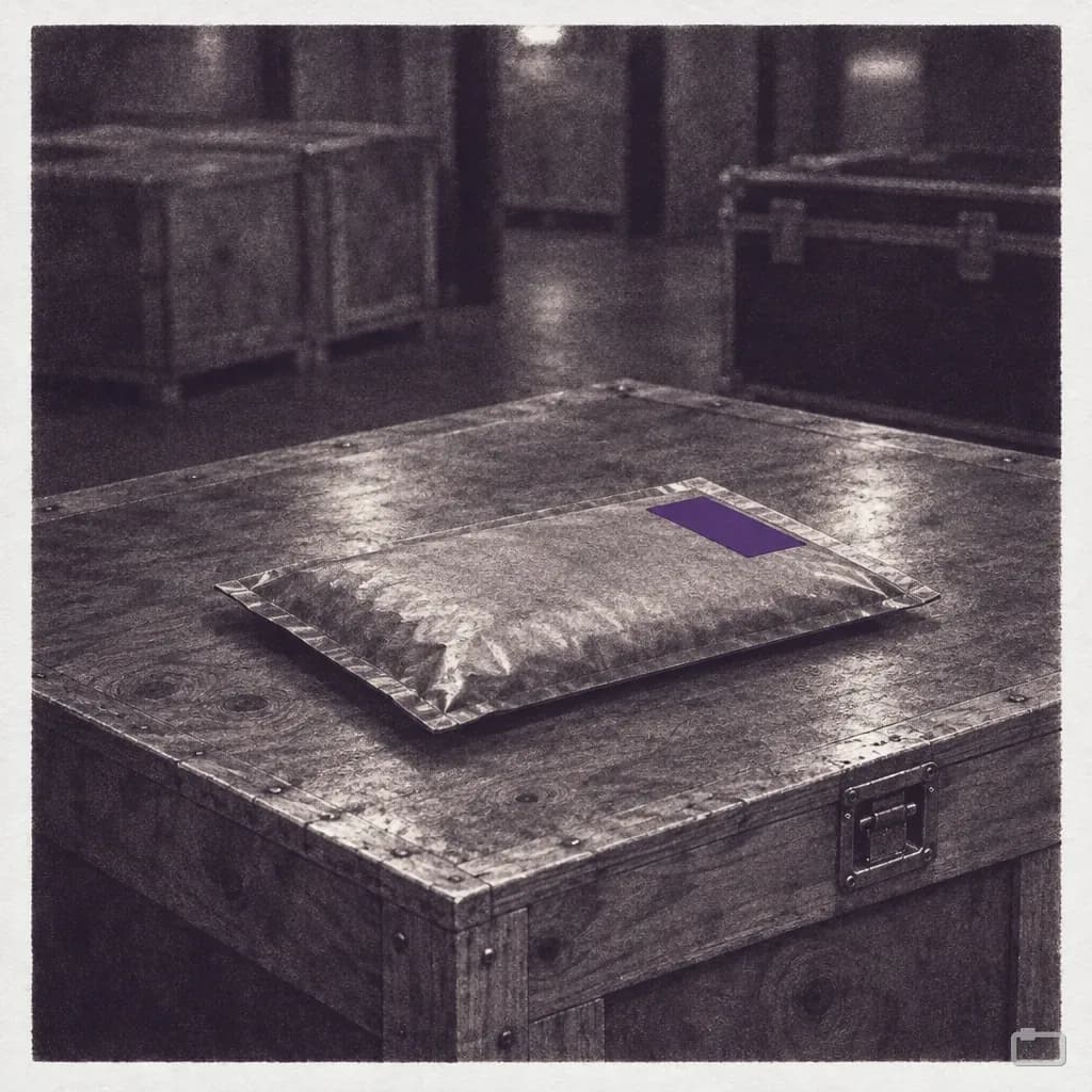 Mezzotint of a padded envelope on a crate lid