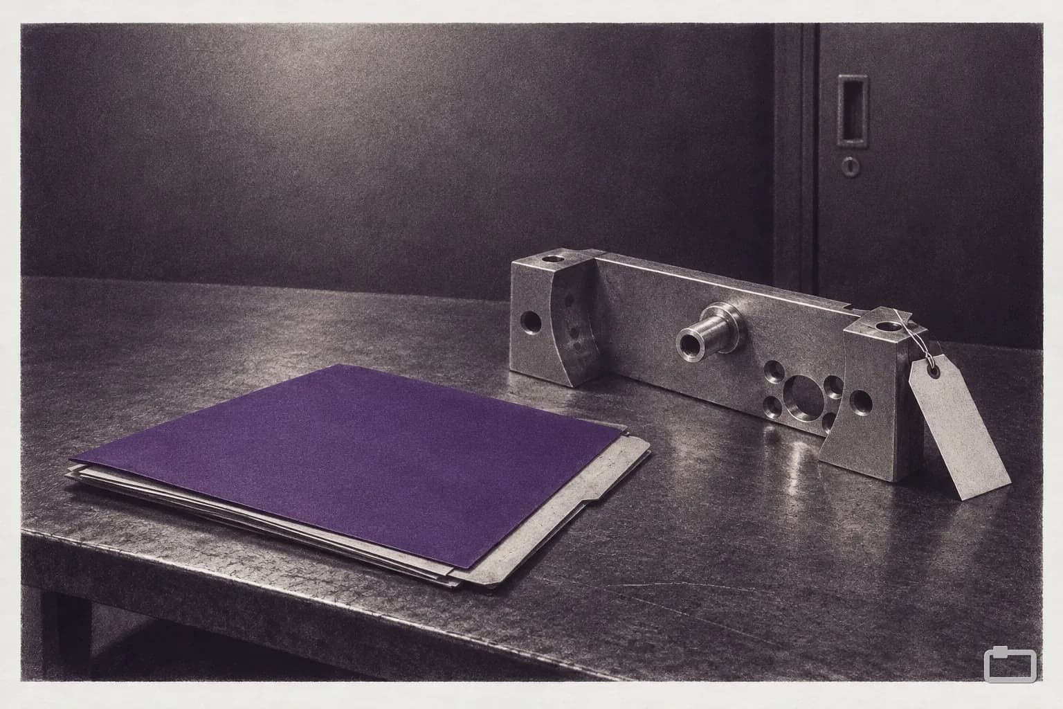 Mezzotint of a folder with a purple cover sheet beside a machined part on a shop bench